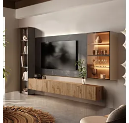 Parete attrezzata con pannello tv, Bronzo, Argilla, Cadiz Cannettato ed effetto Marmo nero