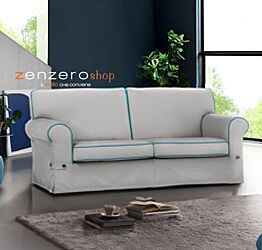 Divano 3 posti, stile retrò Arera, sfoderabile, colore grigio con filetto verde smeraldo, made in Italy