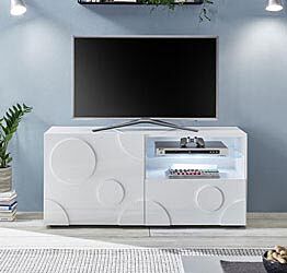 Porta TV cerchio 1 anta 1 cassetto, finitura bianco lucido, design moderno