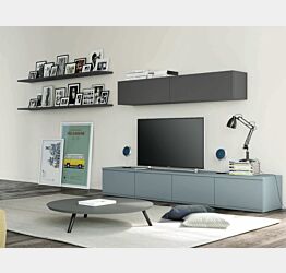 Parete attrezzata con porta tv in finitura Rovere gesso e Grigio titanio