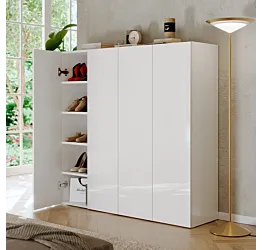 Scarpiera bassa 4 ante, 126x116x35 h cm, Bianco lucido