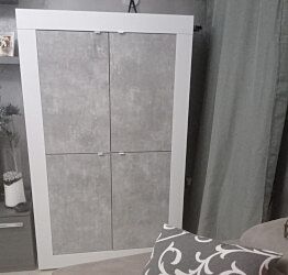 Madia Credenza Moderna, Madia di Design, 4 ante Alta, Bianco Lucido e Cemento