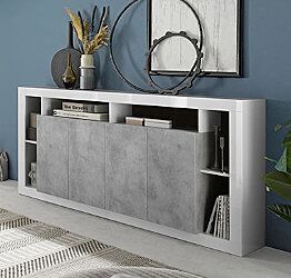 Madia moderna di design a 4 ante, finitura Bianco lucido e cemento