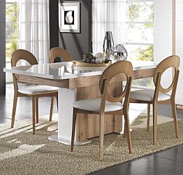 Tavolo moderno allungabile L.180, bianco lucido e rovere wellington