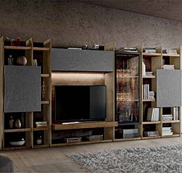 Parete  attrezzata di alta qualità in finitura Bronzo, Graniglia scura e Rovere tabacco 