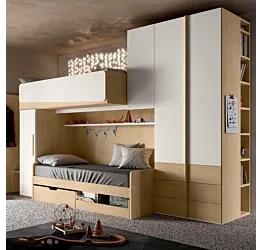 Cameretta soppalco con passerella, Rovere nordico e Bianco opaco