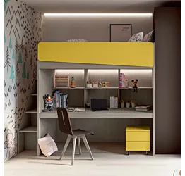 Letto soppalco con passerella, scaletta contenitiva e scrivania, L.239