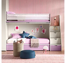 Letto a castello Level, con scaletta contenitiva, Quarzo e Dalia, Moretti Compact