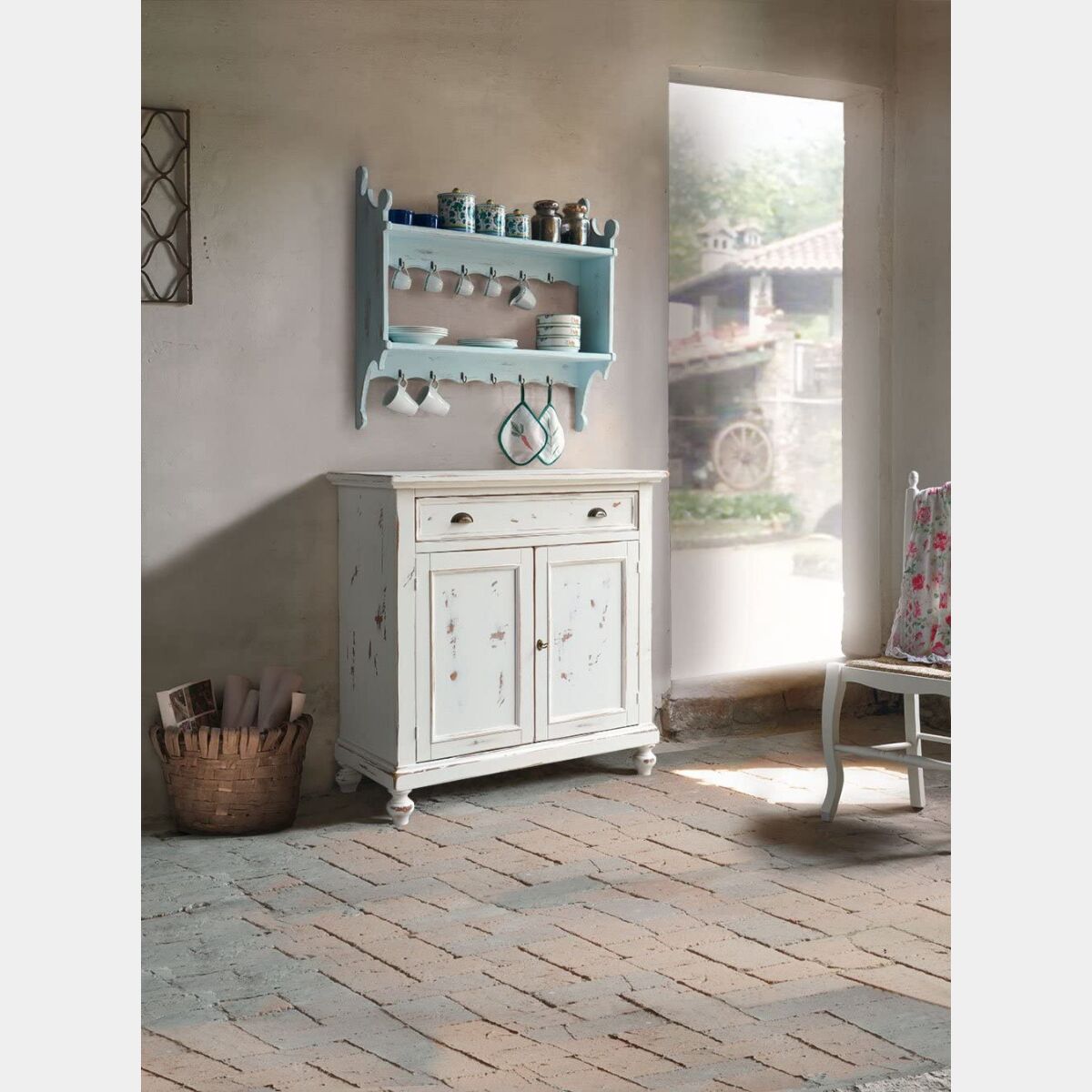 Credenza shabby con intaglio 2 ante e 2 cassetti - Bianca e Argento