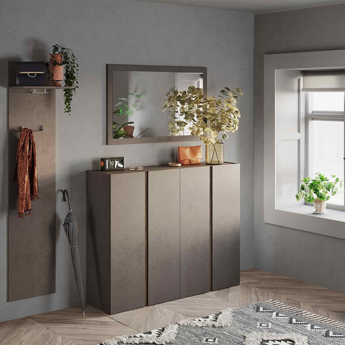 Composizione d'ingresso moderna con madia 4 ante, specchio e appendiabiti  colore Bronzo