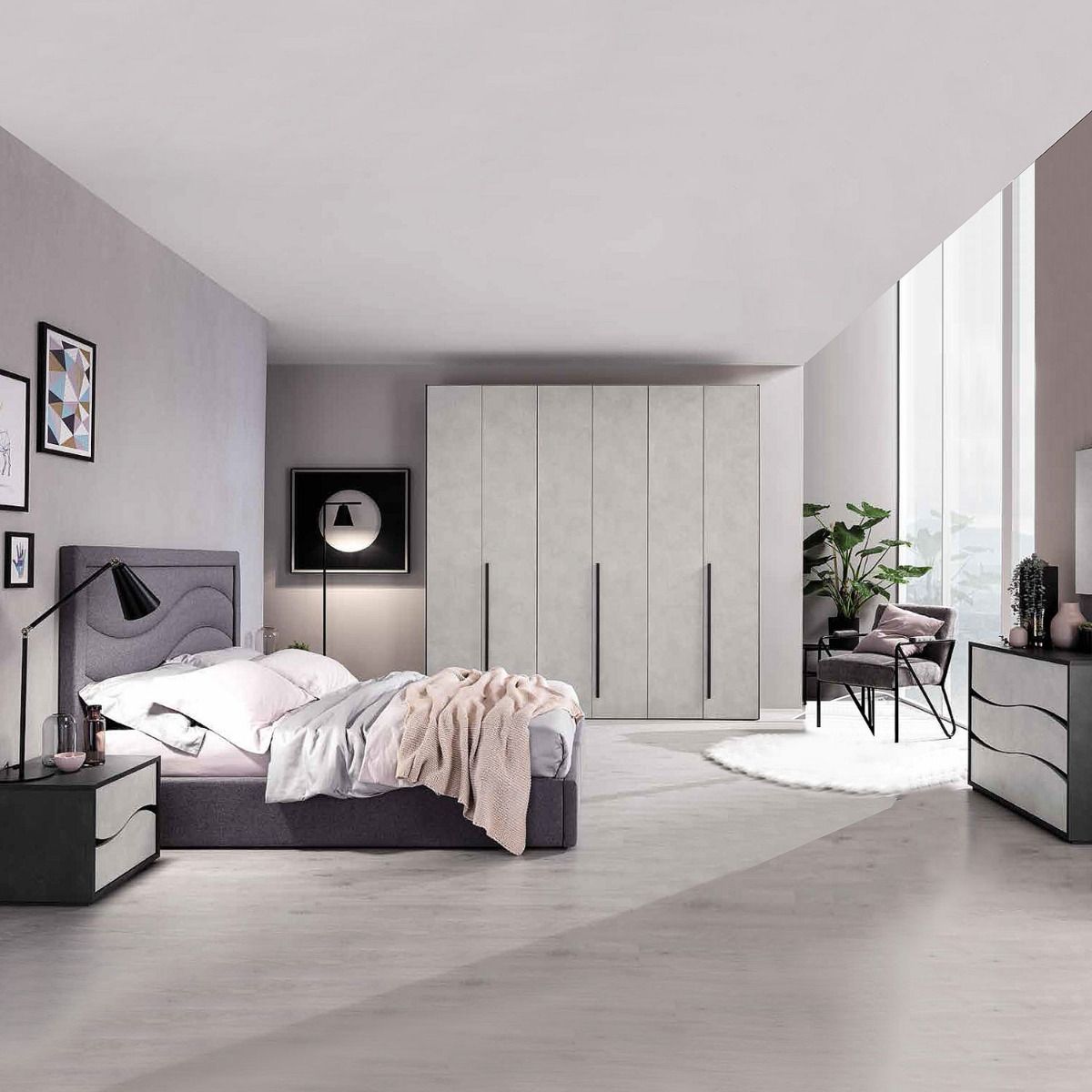 Camera con letto con pannello curvo Bianco opaco e Rovere Serigrafato