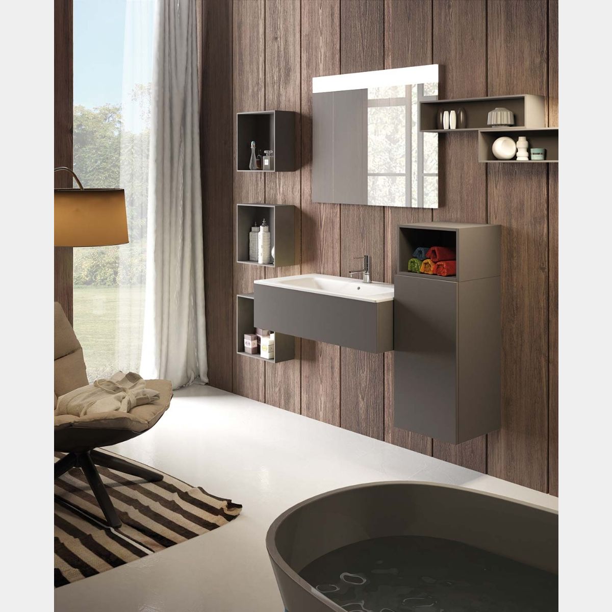 SPECCHIO BAGNO CONTENITORE CON DUE PENSILI LEGNO ROVERE GRIGIO E