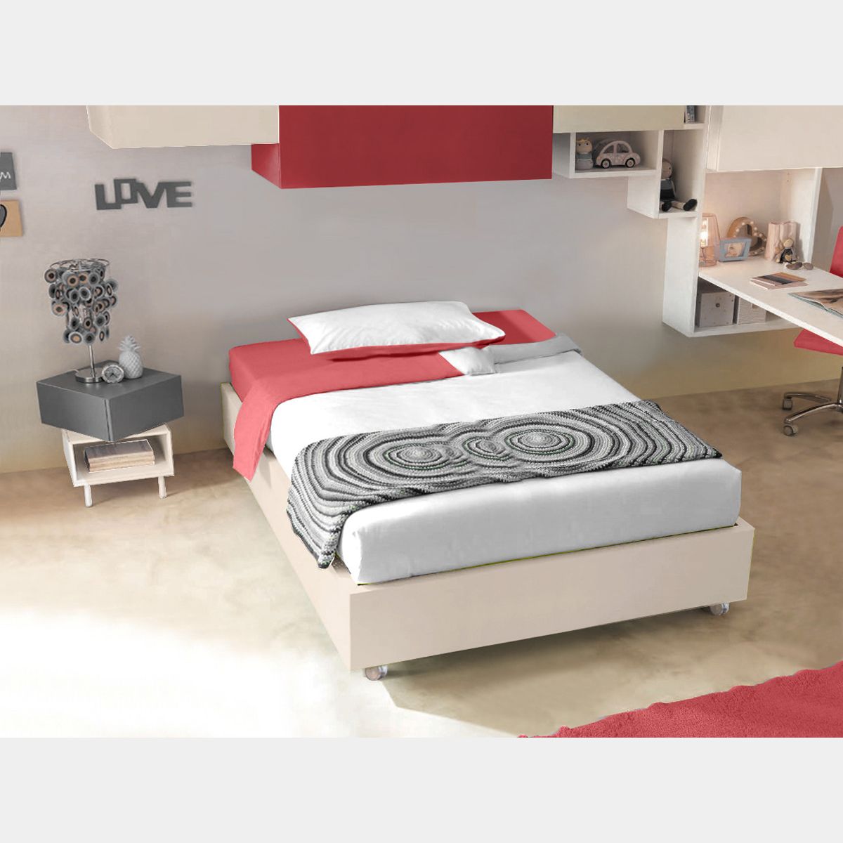 Letto 140 x 200 sommier con ruote, finitura Champagne