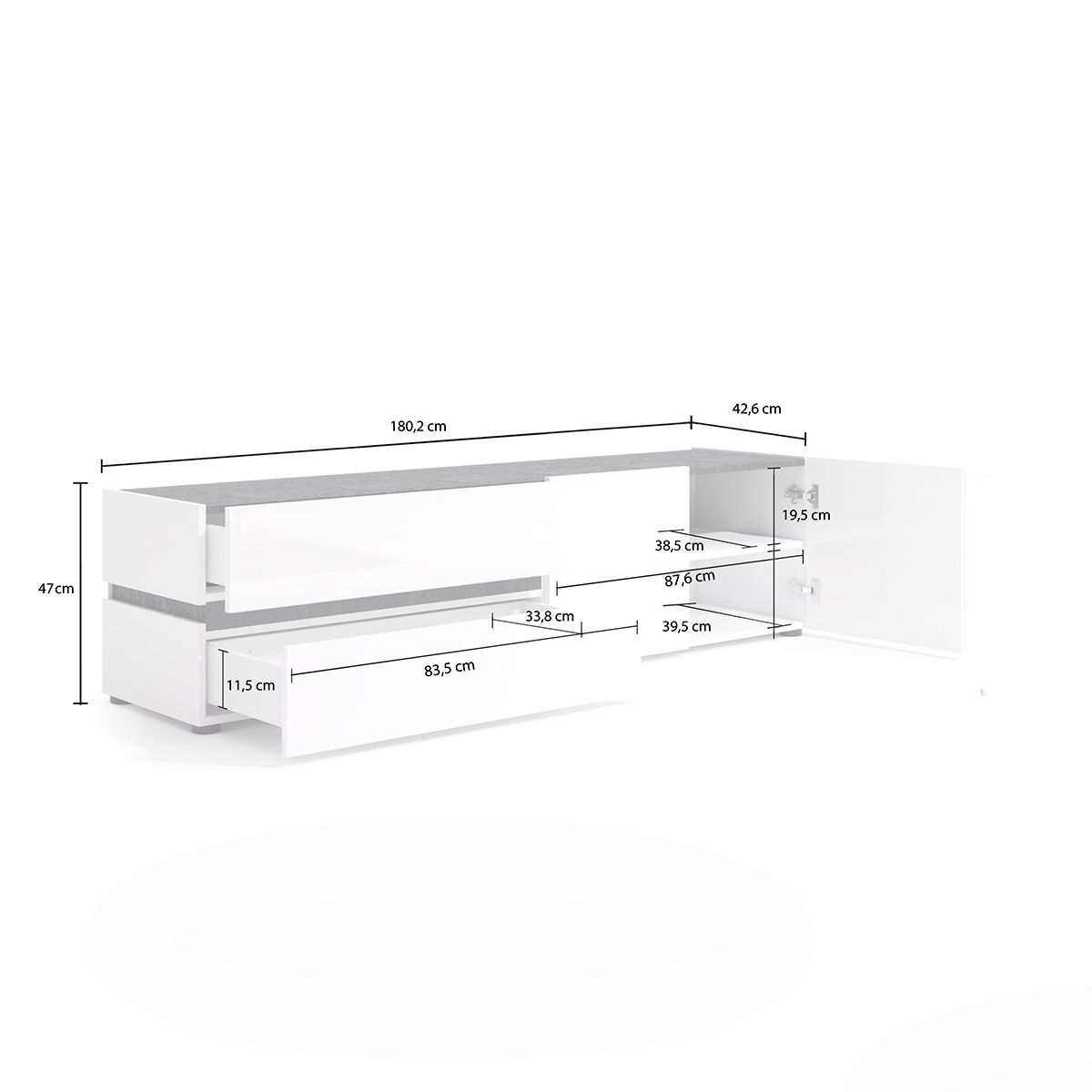 Porta TV-LCD Satinato TATUM 96x47xh135 cm con pannello in metacrilato  satinato bianco e piano in metacrilato trasparente, Emporium