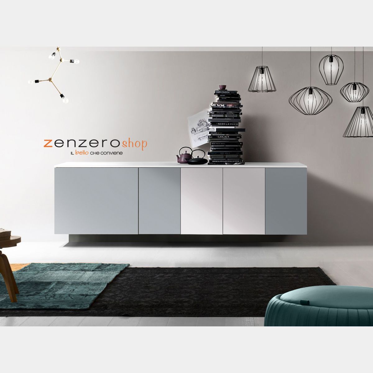 Credenza sospesa, Madia moderna, 5 ante, finitura Bianco, Alluminio e Grey