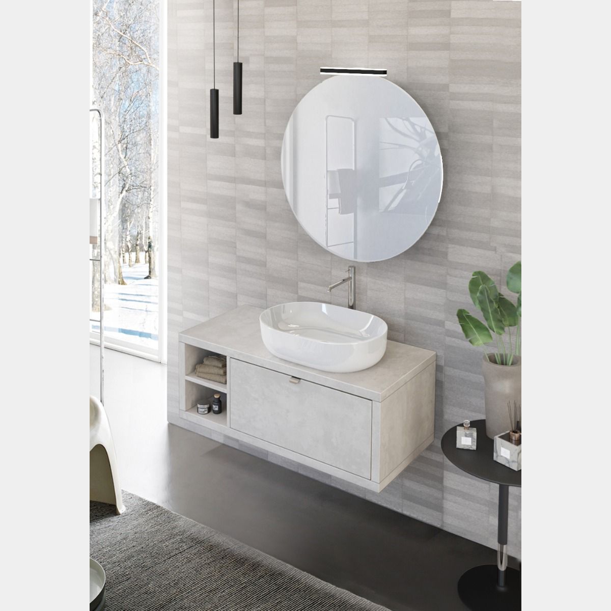 Mobile bagno sospeso 40 cm salvaspazio con lavabo e specchio bianco laccato
