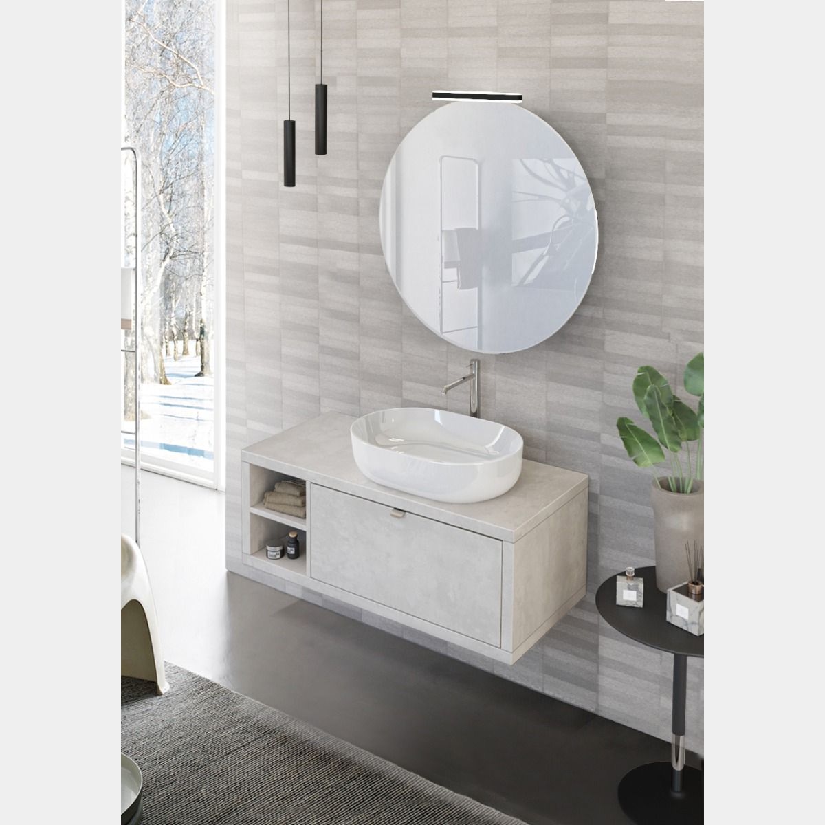 Mobile salvaspazio bagno 40 cm rovere grigio con specchio e lavabo