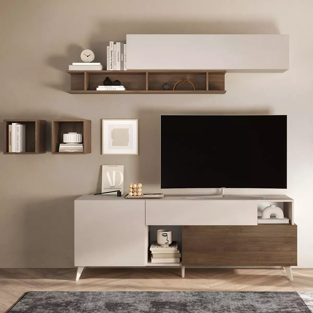 Porta tv con piedini 180 cm, finitura Cashmere e Mercure