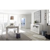 Sala completa di design con Madia, Vetrina e Tavolo fisso, finitura Bianco Lucido e Bianco Pino