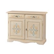 Credenza in legno finitura avorio pennellato con decori, 2 porte e 2 cassetti 105x86