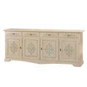 Credenza in legno finitura avorio pennellato con decori, con 4 porte e 4 cassetti 205x86