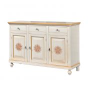 Credenza in legno avorio pennellato con decori, con 3 porte intagliata e 3 cassetti 158x103