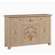 Credenza in legno finitura avorio pennellato e decori, con 4 porte e 2 cassetti 159x107