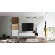 Soggiorno Zenzero, parete attrezzata moderna di design, noce stelvio, noce dark e bianco lucido 