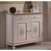 Credenza in legno finitura laccato bianco con decori, con 2 porte e 2 cassetti 113x103