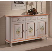 Credenza in legno finitura laccato bianco con decori, con 3 porte e 3 cassetti 158x103