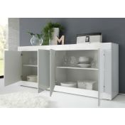 Madie, credenza moderna a 4 ante, Bianco Lucido e Beton