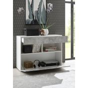 Credenza Madia moderna, 1 anta ribalta 1 cassetto, finitura Bianco laccato lucido e Beton