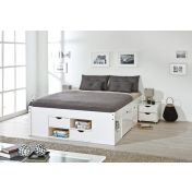 Letto in pino massello colore bianco con vani contenitore e comodino con ruote incluso