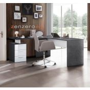 Capiente Scrivania moderna ad angolo con cassettiera in finitura Antracite e Bianco lucido 