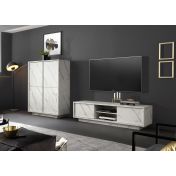 Sala moderna, effetto Marmo Bianco di Carrara, Madia Alta e Porta TV