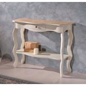 Consolle in legno color avorio, arte povera con ripiano inferiore e gambe sagomate 104x85