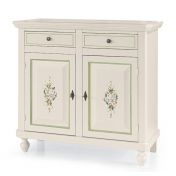 Credenza in legno, bianco lucido con decori, arte povera - cm 104x98