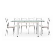Tavolo allungabile, struttura in metallo bianco e piano in vetro, con apertura laterale