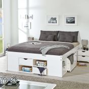 Letto in pino massello colore bianco con vani contenitore e comodino con ruote incluso