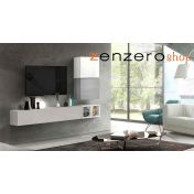 Soggiorno Zenzero moderno, parete attrezzata moderna con pensili in finitura Bianco lucido, Gesso e Grigio Artico