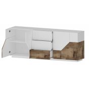 Credenza geometrica 4 ante e 3 cassetti, colore Bianco lucido e Pero 