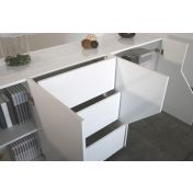 Credenza geometrica moderna e di design 4 ante e 3 cassetti, Bianco laccato lucido 