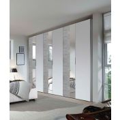 Elegante  Armadio moderno 6 ante battenti con specchio, finitura Beton e Bianco Opaco