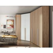 Armadio moderno ad angolo con 7 ante in finitura Bianco Opaco e Royal Oak