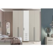 Armadio moderno L.226 a 5 ante e 4 cassetti H.257, finiture Bianco Opaco e Grigio Dorian