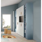 Armadio con porta tv e libreria, finitura Cemento artico, Cenere e Rovere oak