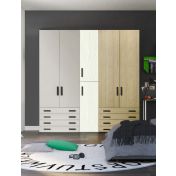 Armadio moderno L.226 a 6 ante e 8 cassetti H.257, finiture Rovere bianco, Rovere Oak e Grigio Dorian