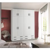 Armadio moderno L.181 a 8 ante e 4 cassetti H.257, finiture Bianco Opaco