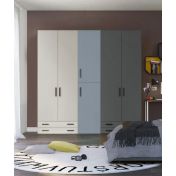 Armadio moderno L.241 a 6 ante e 4 cassetti H.257, finiture Grigio Dorian, Cenere e Grigio Titanio