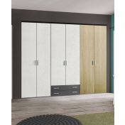 Armadio moderno L.271 a 6 ante e 2 cassetti H.257, finitura Rovere Oak, Grigio Titanio e Cemento Artico